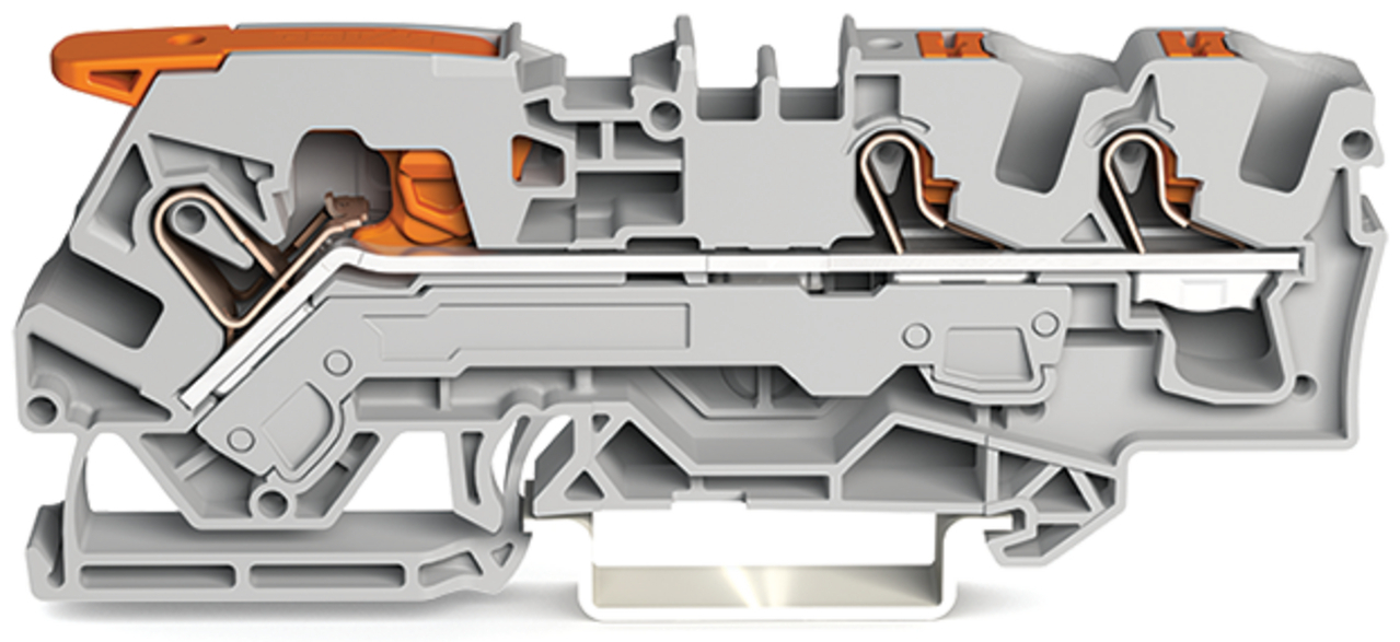 3-conductor through terminal block; with lever and push-button; 6 mm; with test port; side and center marking; for DIN-rail 35 x 15 and 35 x 7.5; Push-in CAGE CLAMP; 6,00 mm; gray