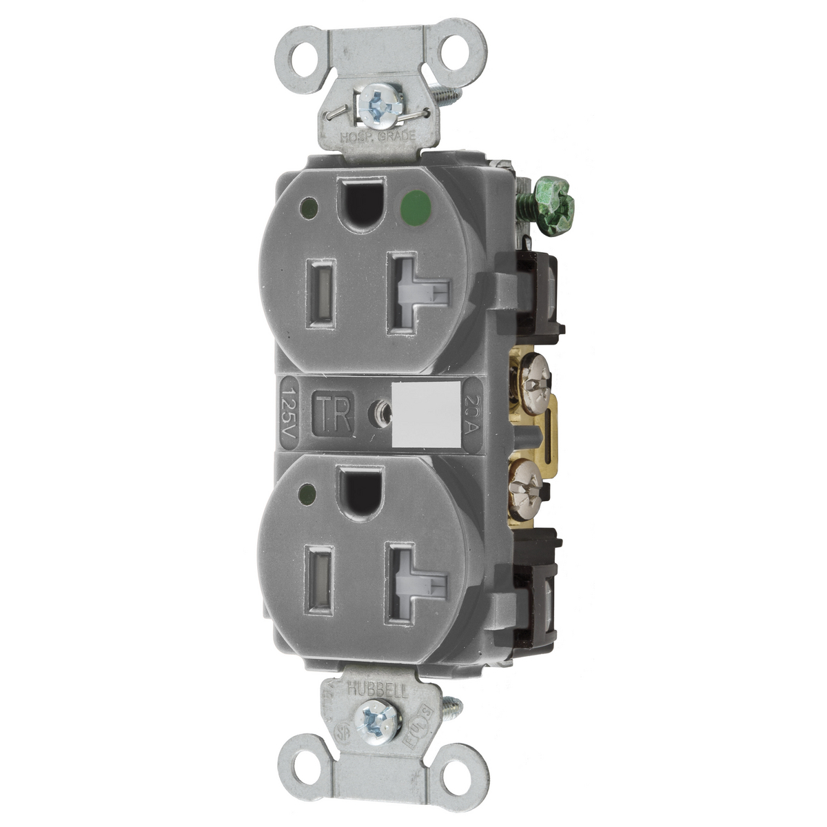 Straight Blade Devices, Tamper Resistant Duplex Receptacle, Hospital Grade, Hubbell-Pro, LED Indicator, 20A 125V, 2-Pole 3-Wire Grounding, 5-20R, Gray