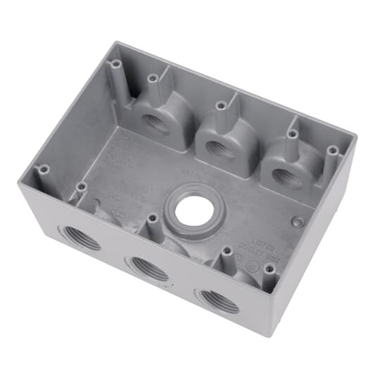 Three Gang Deep Universal Weatherproof Box, 54.8 Cubic Inches, Hub Size 3/4 Inch, Silver, Aluminum, 7 Outlets with 3 on Top and Bottom and 1 on Back