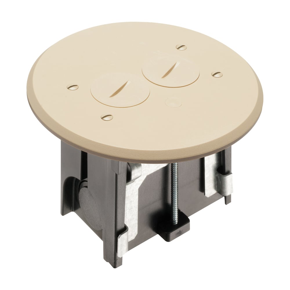 Round Non Metallic adjustable floor box. Light Almond with threaded plugs. Includes tamper resistant duplex receptacle, cover plate with gasket and Arlington NM94 connector and Arlington NM900 knockout plug.