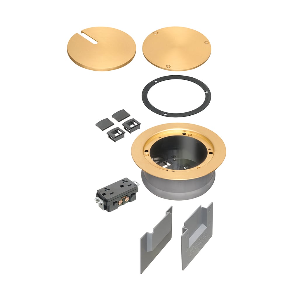 Two low voltage openings. Ultra-thin stamped steel brass plated flange cover, flush-to-floor in-use and blank cover. Installed UL Listed 20A tamper-resistant decorator-style receptacle.