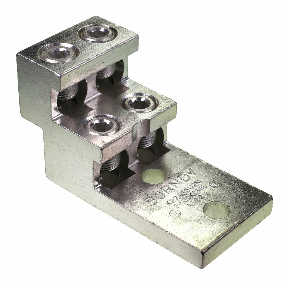 Aluminum Universal Terminal, 2 Hole, 1/2" diameter stud holes spaced 1-3/4" on center (NEMA-spacing), tin plated