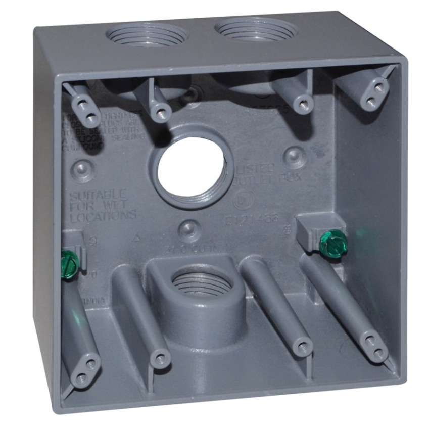TP7094 Corrosion-Resistant Weatherproof Outlet Box, Die-Cast Aluminum, 30.5 cu-in Capacity, 2 Gangs, 4 Outlets, 4-5/8 in W x 2 in D x 4-9/16 in H