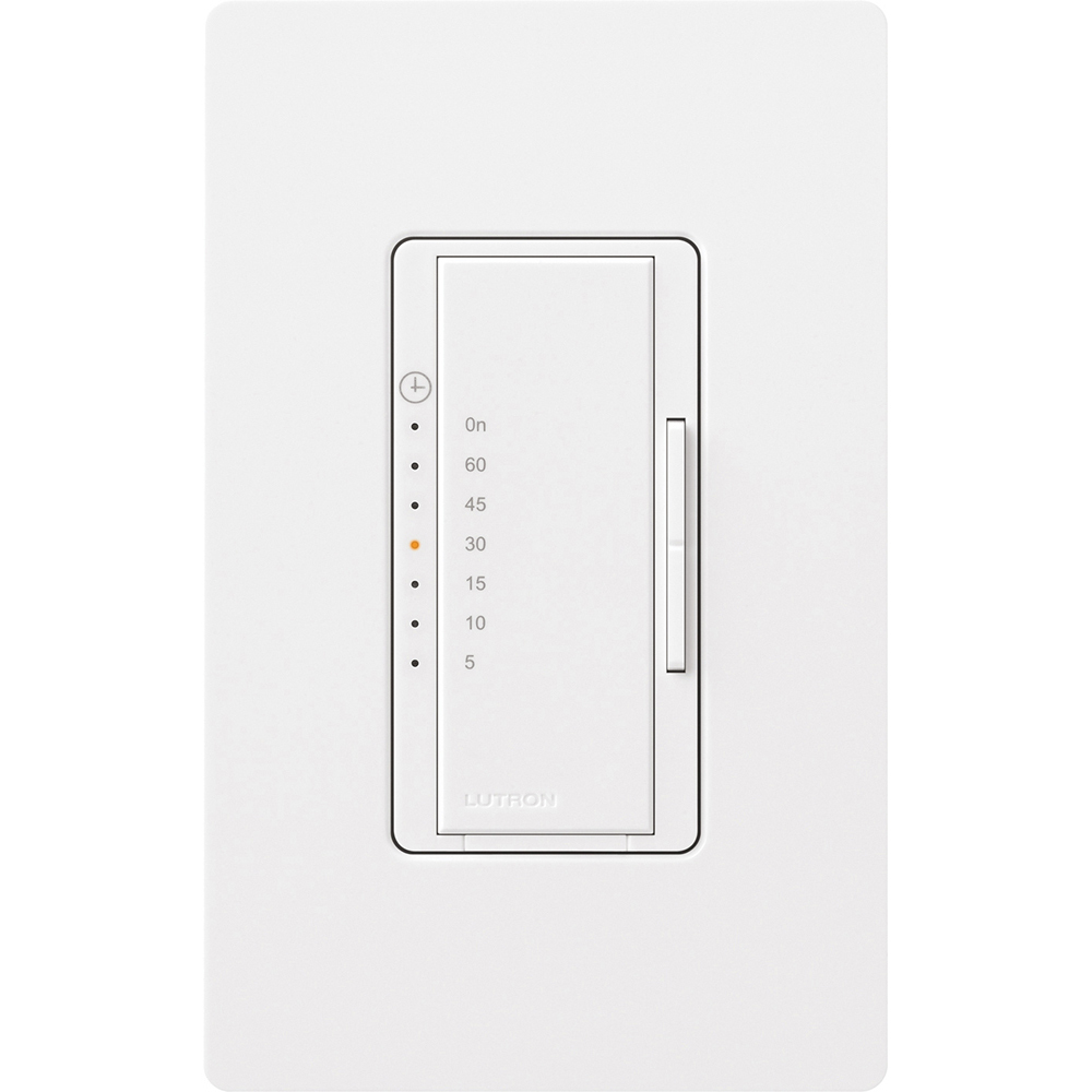 Maestro Countdown Timer, Single-pole, no neutral required, clamshell packaging, wallplate included, White finish, 120V/600W/VA (5A)