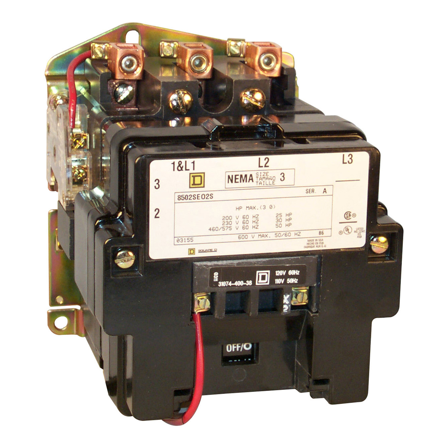 NEMA Contactor, Type S, nonreversing, Size 3, 90A, 50 HP at 575 VAC, 3 phase, up to 100 kA, 5 pole, 120 VAC coil, open