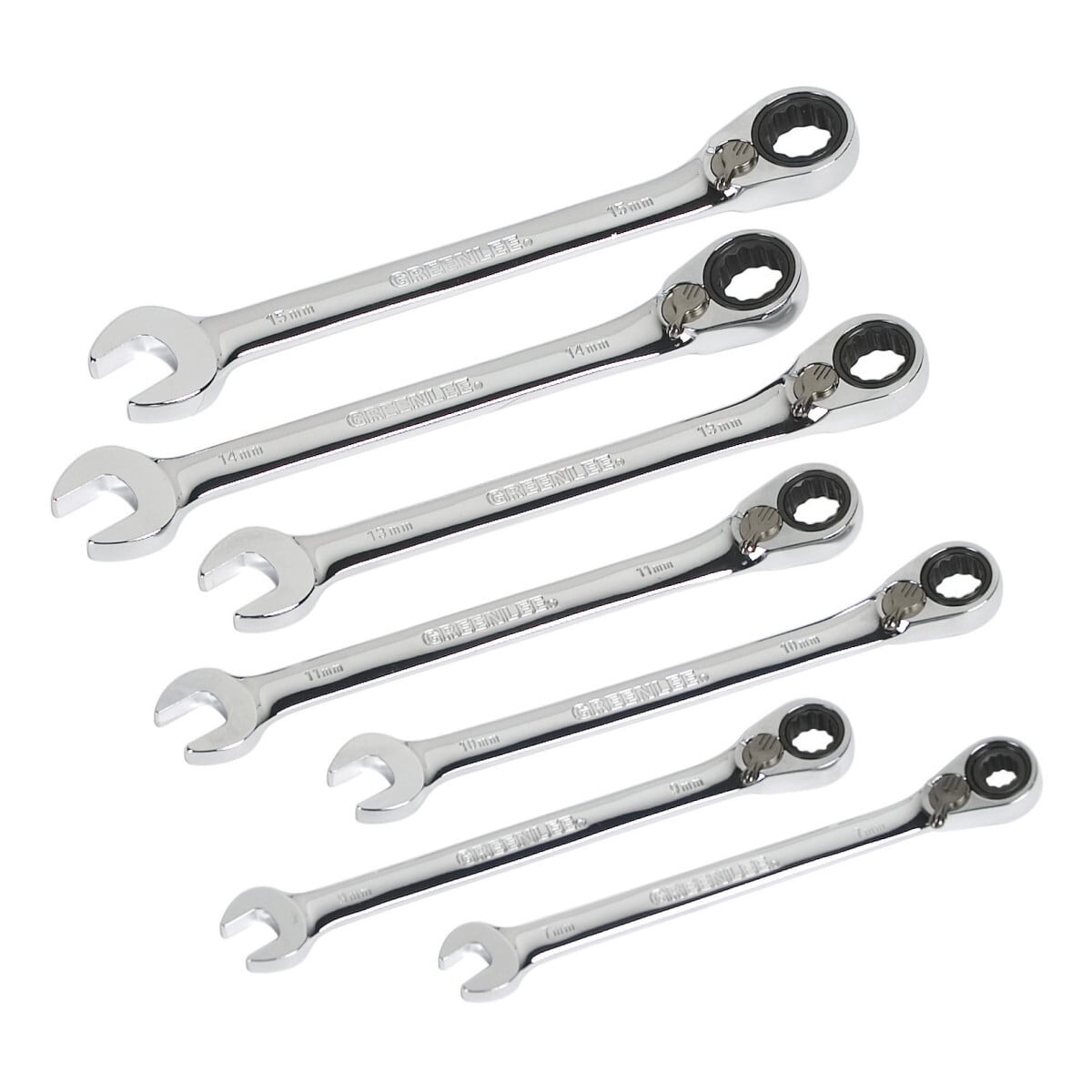 Wrench Set, Ratchet 7 Piece Metric.  Compact reversible switch allows a 15 offset of the box end for clearance of obstacles.  5 ratcheting design for versatility and ease of use in tight spaces.  Polished chrome finish for superior corrosion resistance.  Precision heads for accurate fastener fit.  Hardened for durability and longer life.  Exceeds ASME/ANSI specifications.  Lifetime limited warranty.  Note: This is not an insulated tool.