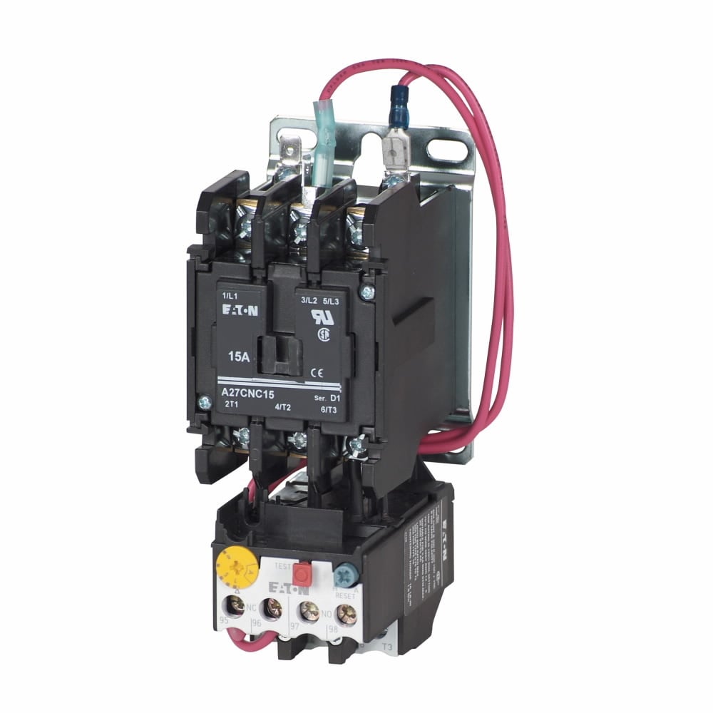 Eaton definite purpose starter, 25 A, Coil: 110-120 V, 50/60 Hz, 6-10 FLA, 6-10 FLA, Common control wiring, Open with metal mounting plate, 25 A IFL, Three-phase, Screw/pressure plate, Non-reversing