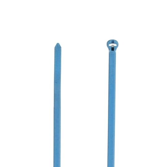 Detectable Cable Tie, Bright Blue Polypropylene for Temperatures up to 85 Degrees Celsius (185 F) for Indoor Applications, Length of 181m (7.2 Inches), Width of 4.6mm (0.18 Inch), Thickness of 1.2mm (0.047 Inches), Tensile Strength Rating of 135 Newtons (30 Pounds)