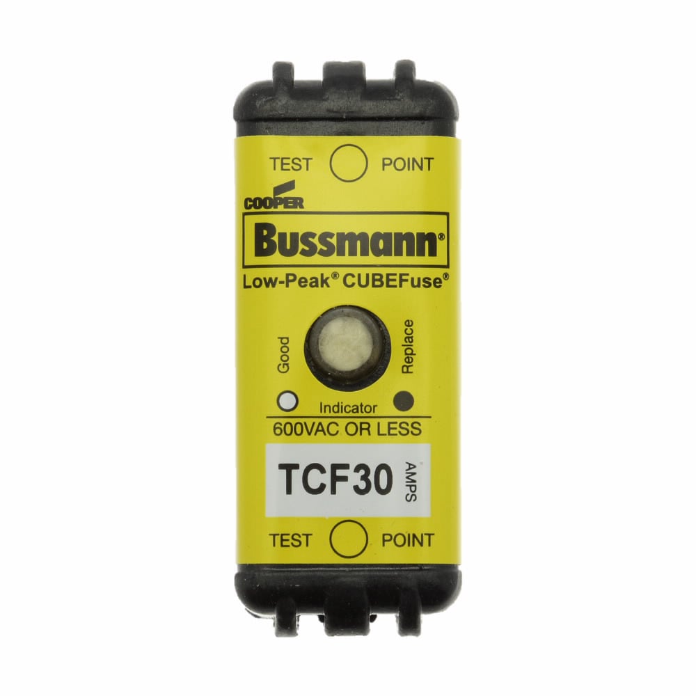 Eaton Bussmann series TCF fuse, Finger safe, 600 Vac/300 Vdc, 30A, 300 kAIC at 600 Vac, 100 kAIC at 300 Vdc, Indicating, Time delay, inrush current withstand, Class CF, CUBEFuse, Glass filled PES