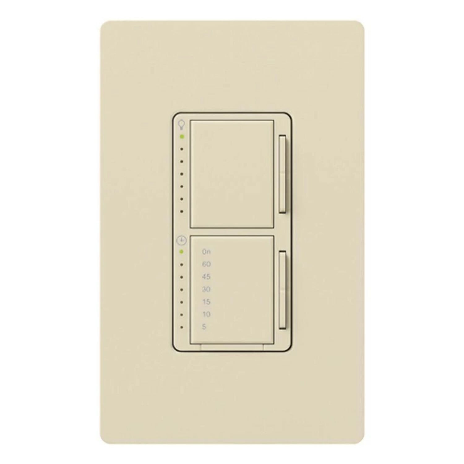 Maestro Dual Incandescent/Halogen Dimmer and Switch, Single-pole, clamshell packaging, wallplate included, White finish, 120V/300W dimmer, 2.5A switch in light almond