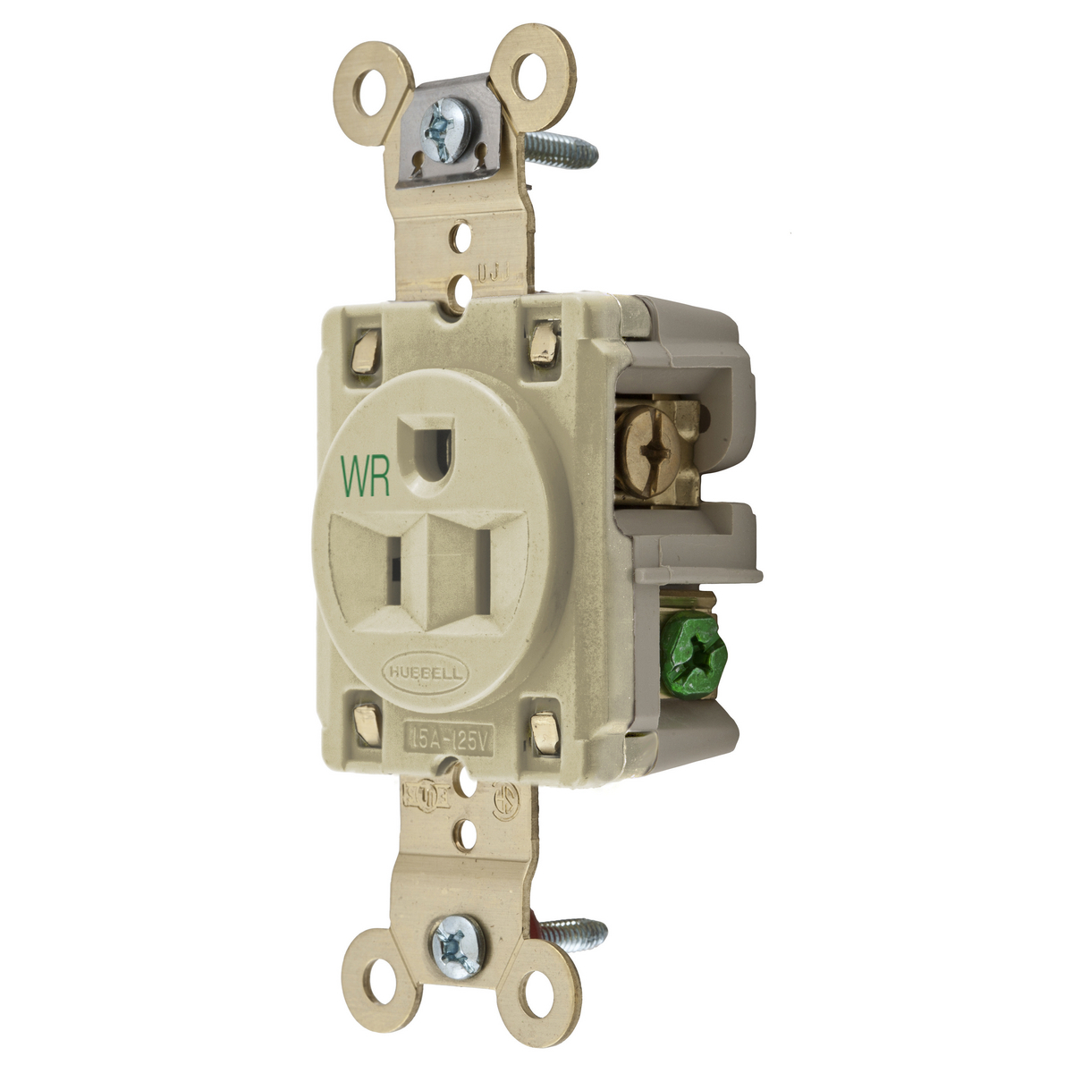 Straight Blade Devices, Receptacles, Weather-Resistant Single, Industrial Grade, 15A 125V, 2- Pole 3-Wire Grounding, 5-15R, Ivory, Single Pack.
