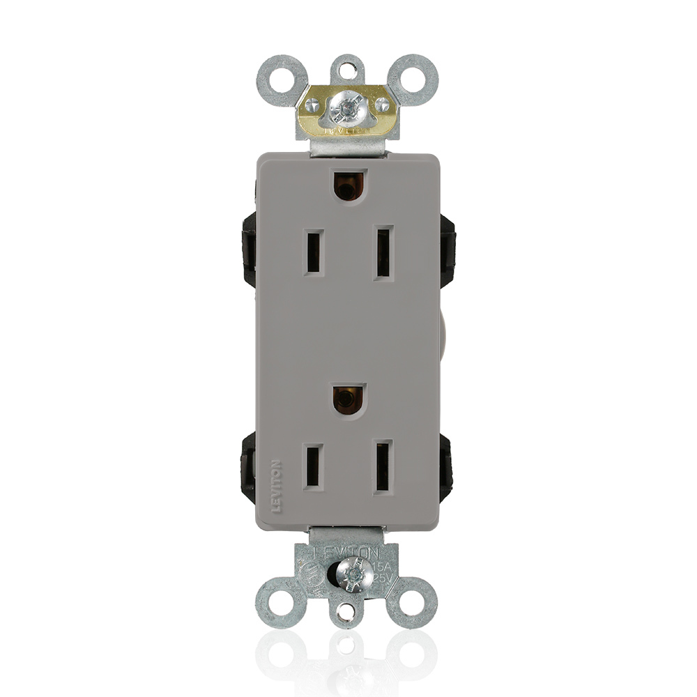 15 Amp, 125 Volt, NEMA 5-15R, 2P, 3W, Lev-Lok Duplex Receptacle, Decora Plus, Straight Blade, Commercial Grade, Self-Grounding, Modular Terminals, Steel Strap - GRAYMating Lev-Lok Wiring Module Required for Use