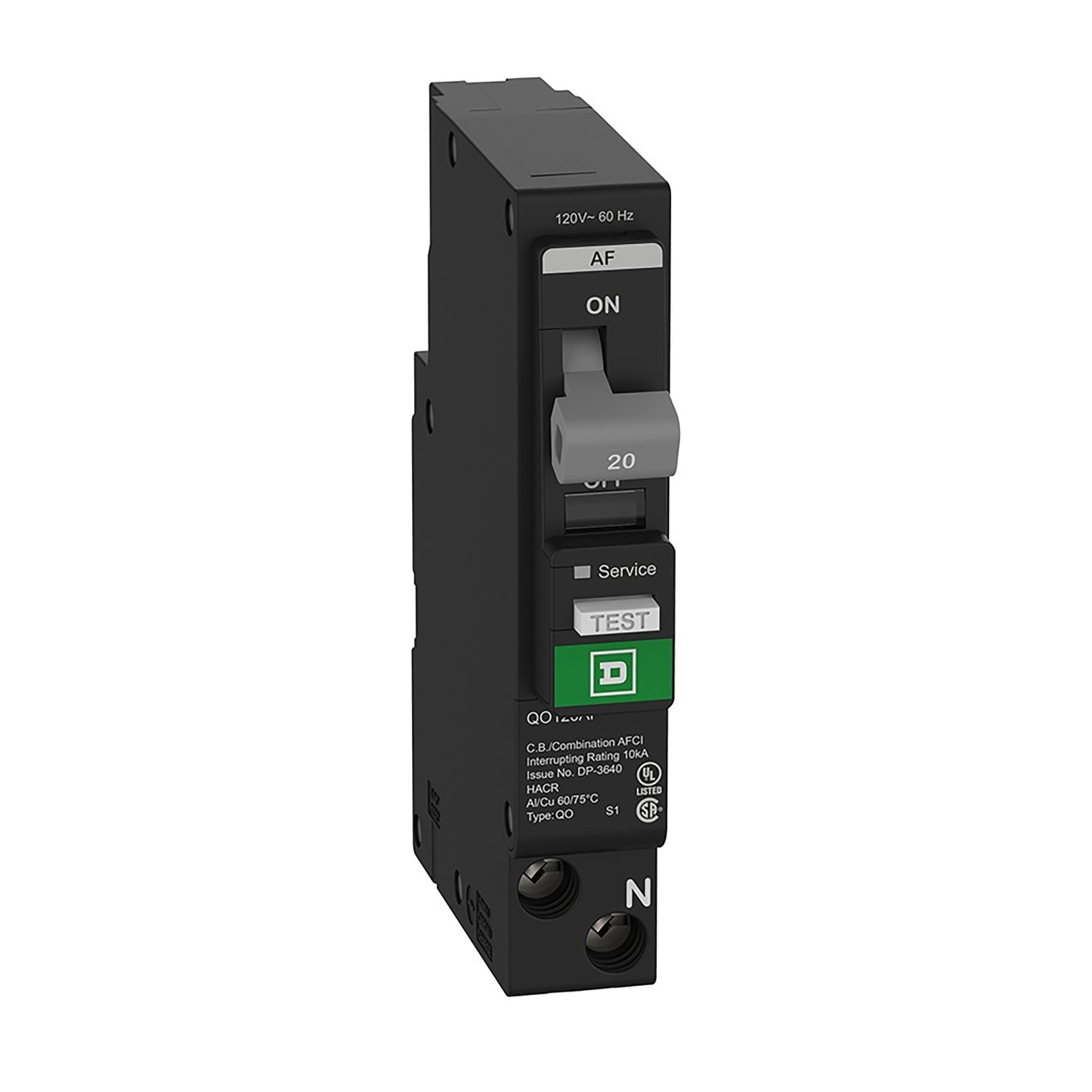 Mini circuit breaker, QO, 20A, 1 pole, 120VAC, 10kA, plug in, combo ARC fault, plug on neutral [TAA]