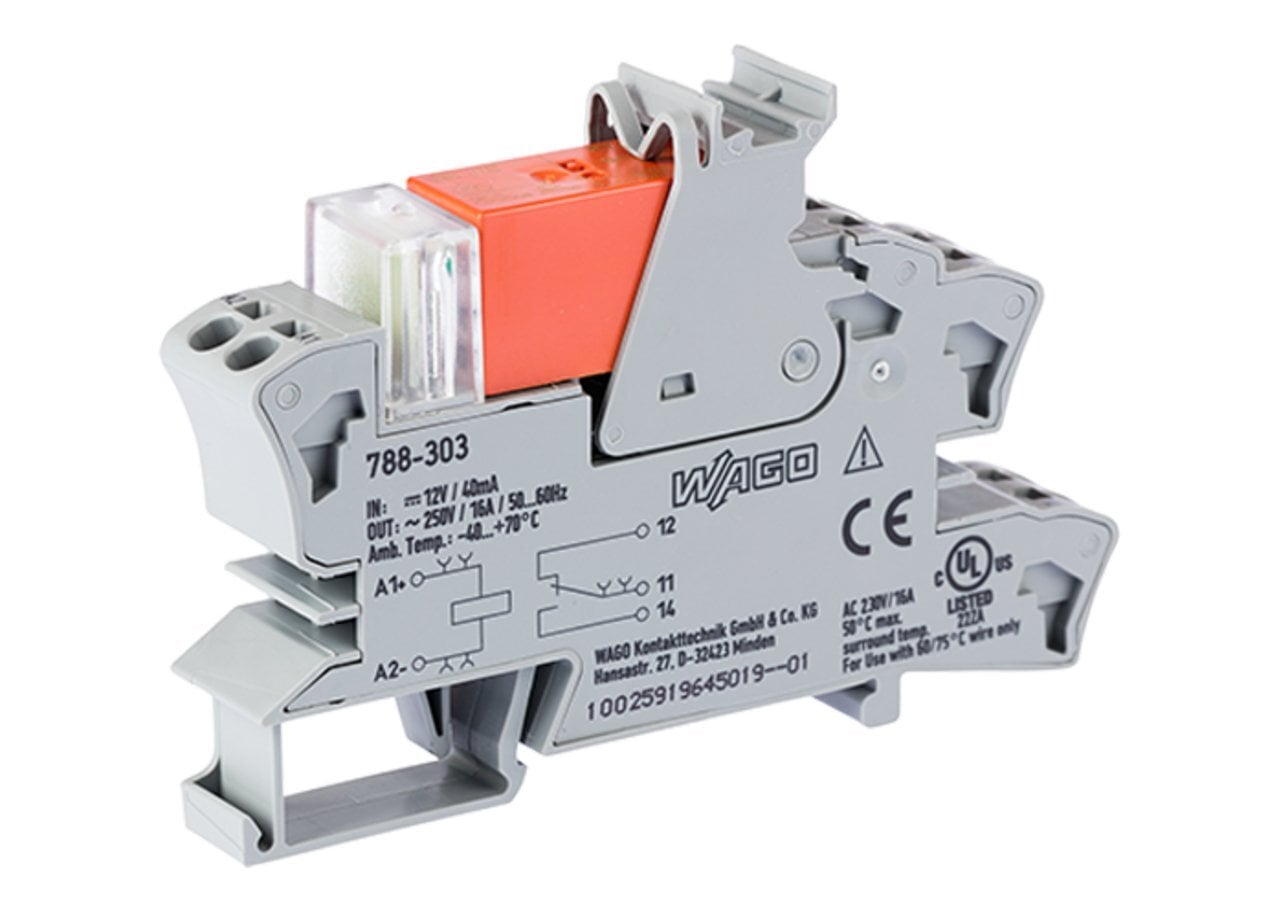 Relay module; Nominal input voltage: 12 VDC; 1 changeover contact; Limiting continuous current: 16 A; Red status indicator; Module width: 15 mm; 2,50 mm; gray
