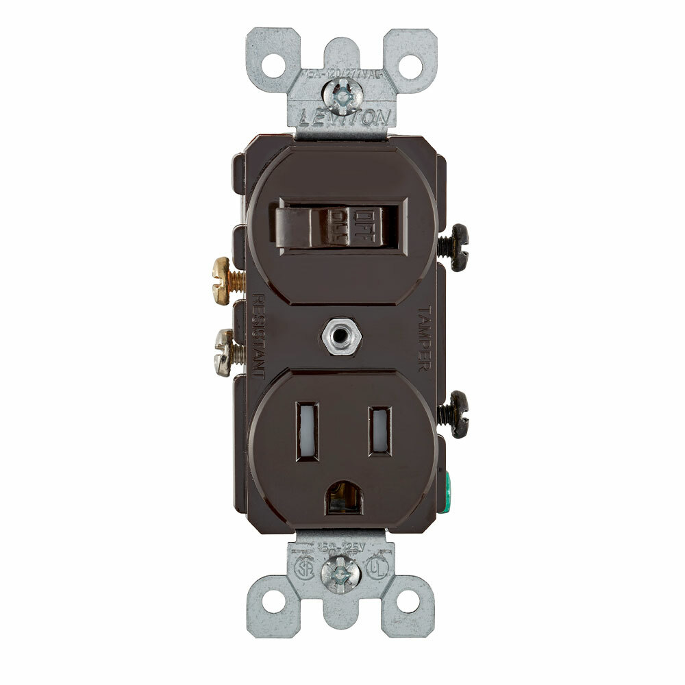 Combination, 15 Amp, 120 Volt AC Toggle Switch, and 15amp, 125 Volt 5-15R Tamper Resistant Receptacle, Grounding, Brown
