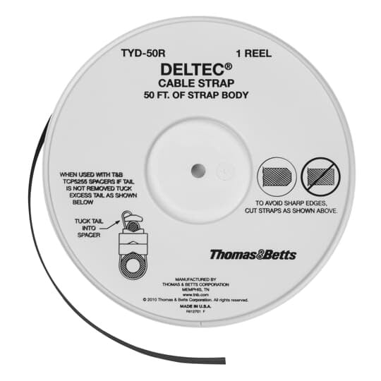 Deltec Cable Tie Without Double-Locking Head, Black Acetal for Temperatures up to 85 Degrees Celsius (185 F), Weather and Ultraviolet Resistant, Length of 15.24m (50 Foot) Reel, Width of 12.7mm (0.5 Inch), Thickness of 1.52mm (0.06 Inch), Tensile Strength Rating of 1112 Newtons (250 Pounds), Can Be Cut to Any Desired Length