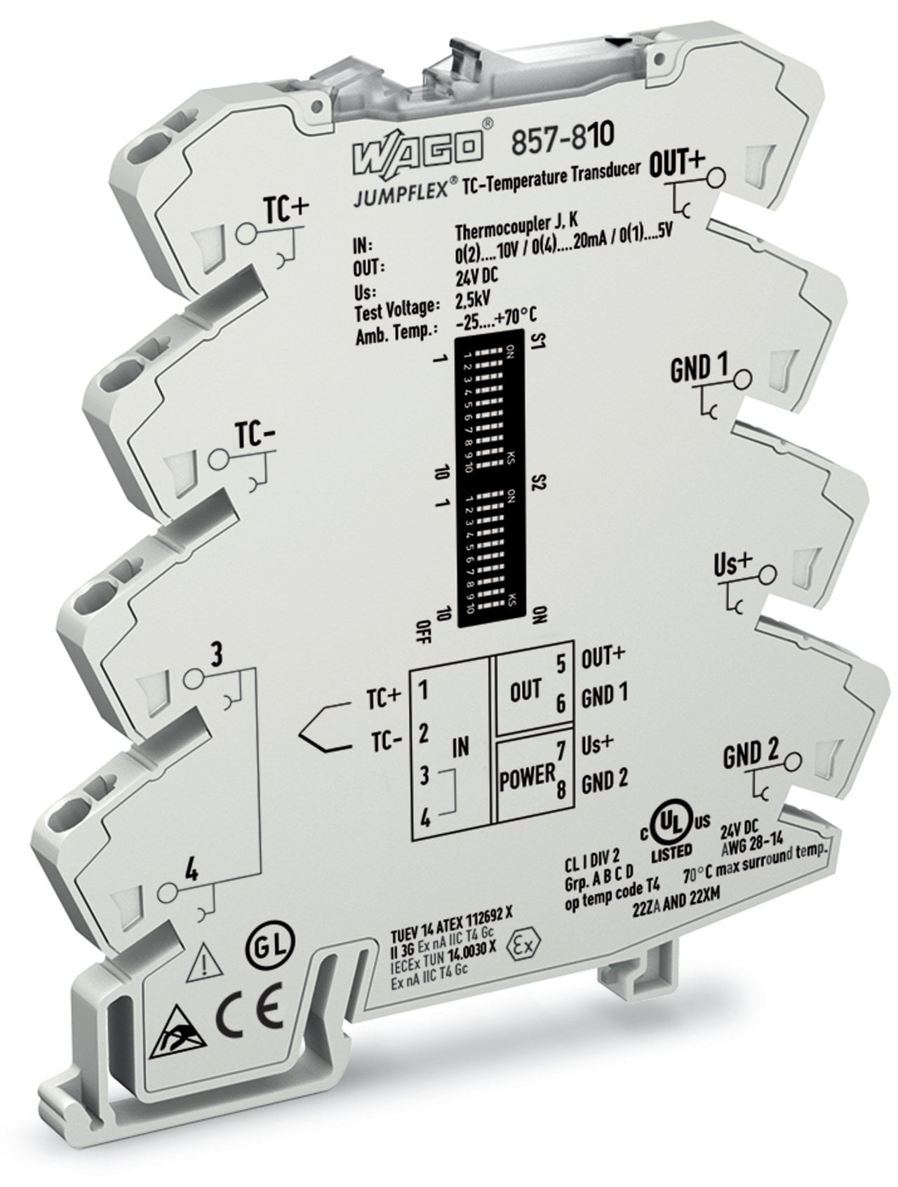 Temperature signal conditioner for thermocouples; Current and voltage output signal; Configuration via DIP switch; Supply voltage: 24 VDC; 6 mm module width; light gray
