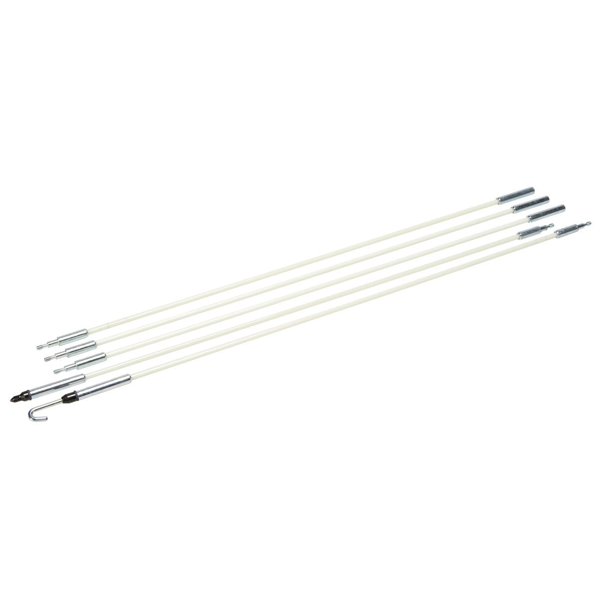 Glo Stix Kit 3/16" x 8' (4.7mm x 2.4m) with Bullet and "J" Hook Nose Tips.  Fish Stix Luminescent fiberglass rods glow in the dark to make fishing voice, data and video wires easier in dark spaces, such as above ceilings, in walls, and below sub-floors.  More flexible for fishing in walls through outlet box holes.  Sturdy, steel-threaded connectors are interchangeable with Greenlee 1/4" (6.4 mm) Fish Stix.  Clear, non-metalic storagetube keeps Glo Stix charged and ready to use.  200 lbs. (0.9 kN) maximum pulling strength.  Optional Whisk Nose Tip is available for fishing over obstacles, and can be used to guide extended Glo Stix sideways above ceilings by rotating.  Can also be used to fish longer lengths by providing a tip that can be snagged from the opposite direction with another extended Fish or Glo Stix with a hook nose tip.