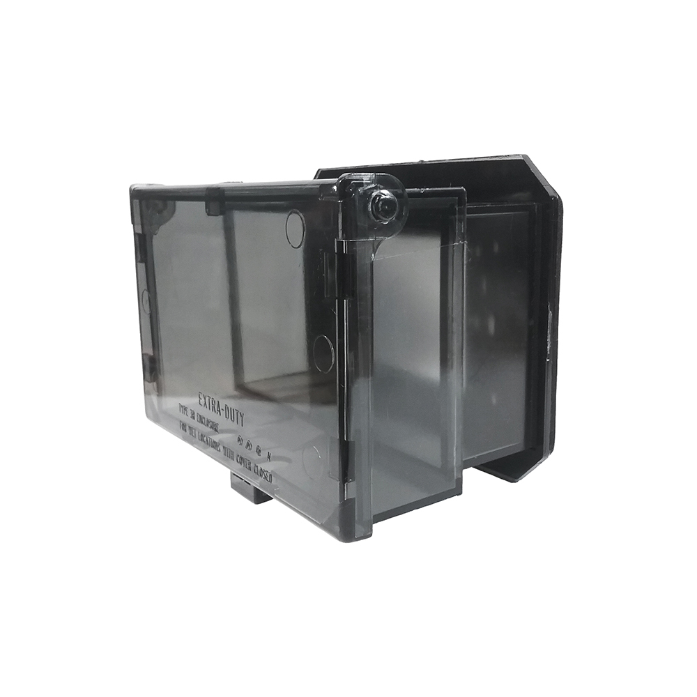 1 Gang Low Profile, IN and OUT cover for new and existing construction. Weatherproof in-use. Meets extra-duty code requirements when cord is plugged in. UV rated plastic. Horizontal. Color - Clear. Has an installed oversized base for large openings or a 3-1/2" round outlet box.
