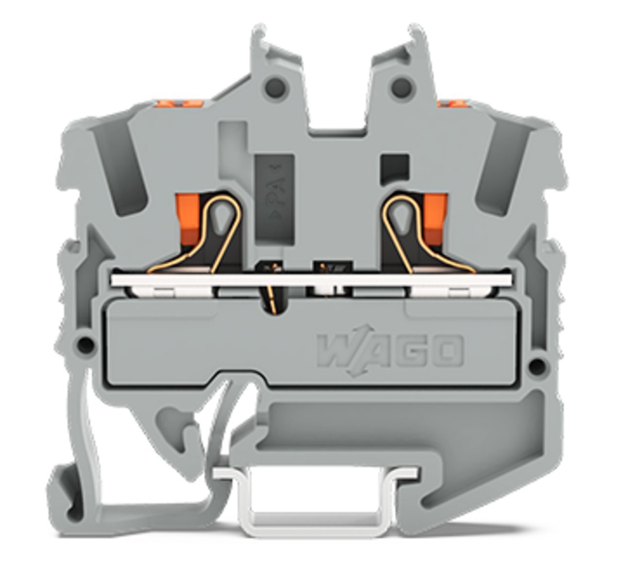 2-conductor miniature through terminal block; with push-button; 2.5 mm; with test port; side and center marking; for DIN-15 rail; Push-in CAGE CLAMP; 2,50 mm; gray
