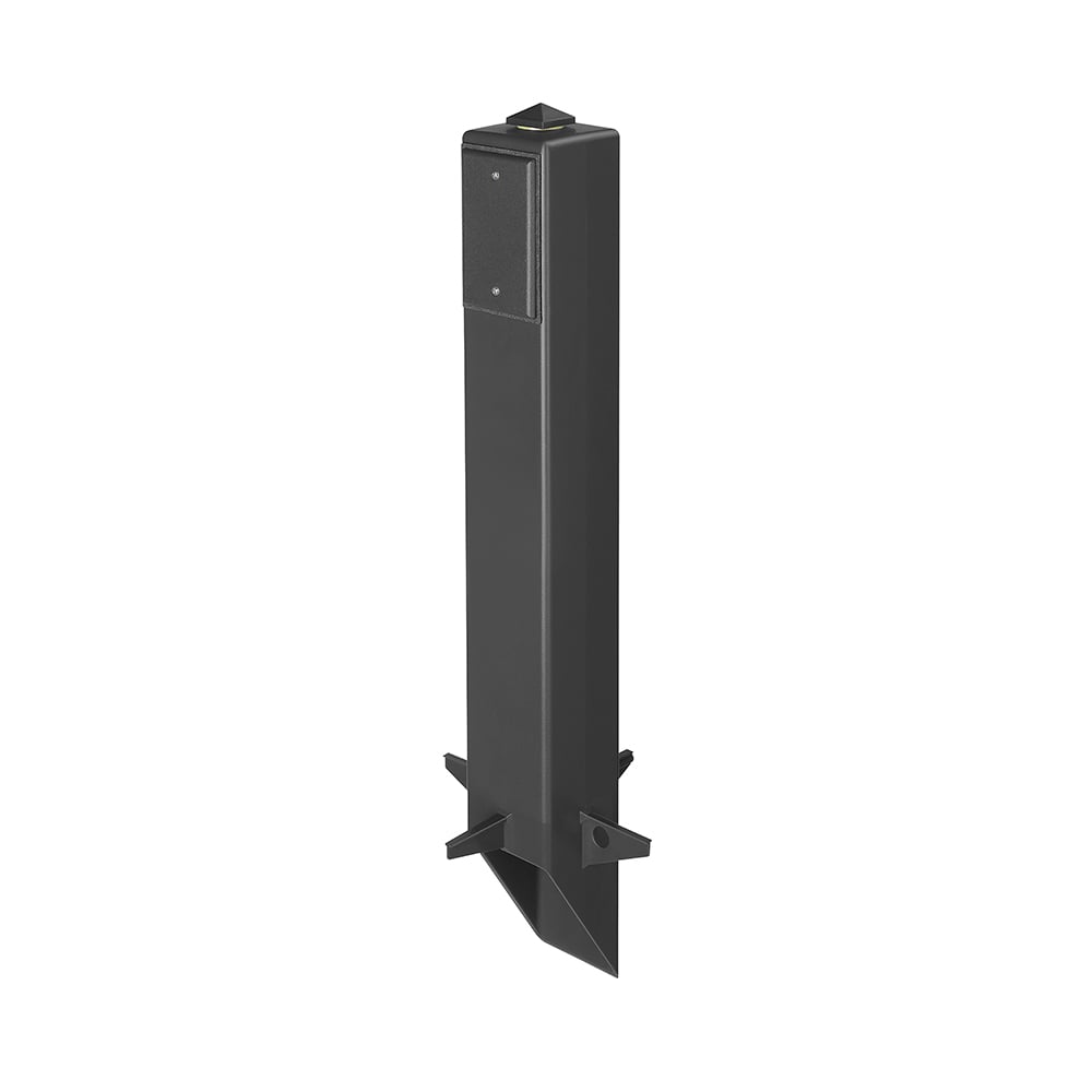 Gard-N-Post. 26" support for outdoor light fixtures or GFCI devices outdoors. Openings on both sides of post for back to back power or power on one side and low voltage on the other. Built in stabilizers for extra stability. Openings in stabilizers allow for insertion of extra support material. Angle Cut post for easy access to underground wiring. Two 1/2" Knockouts. Color Black. Color is permanent, no chipping.