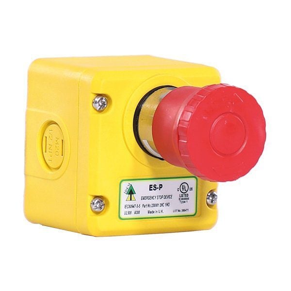 ES-P E-Stop Switch Knockout, 1/2 NPT, 2NC 1NO, M20, Die Cast