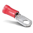 Vinyl Insulated Large Ring Terminal, Length 1.54 Inches, Width .46 Inches, Maximum Insulation .340, Bolt Hole 1/4 Inch, Wire Range 8, Color Red, Copper, Tin Plated