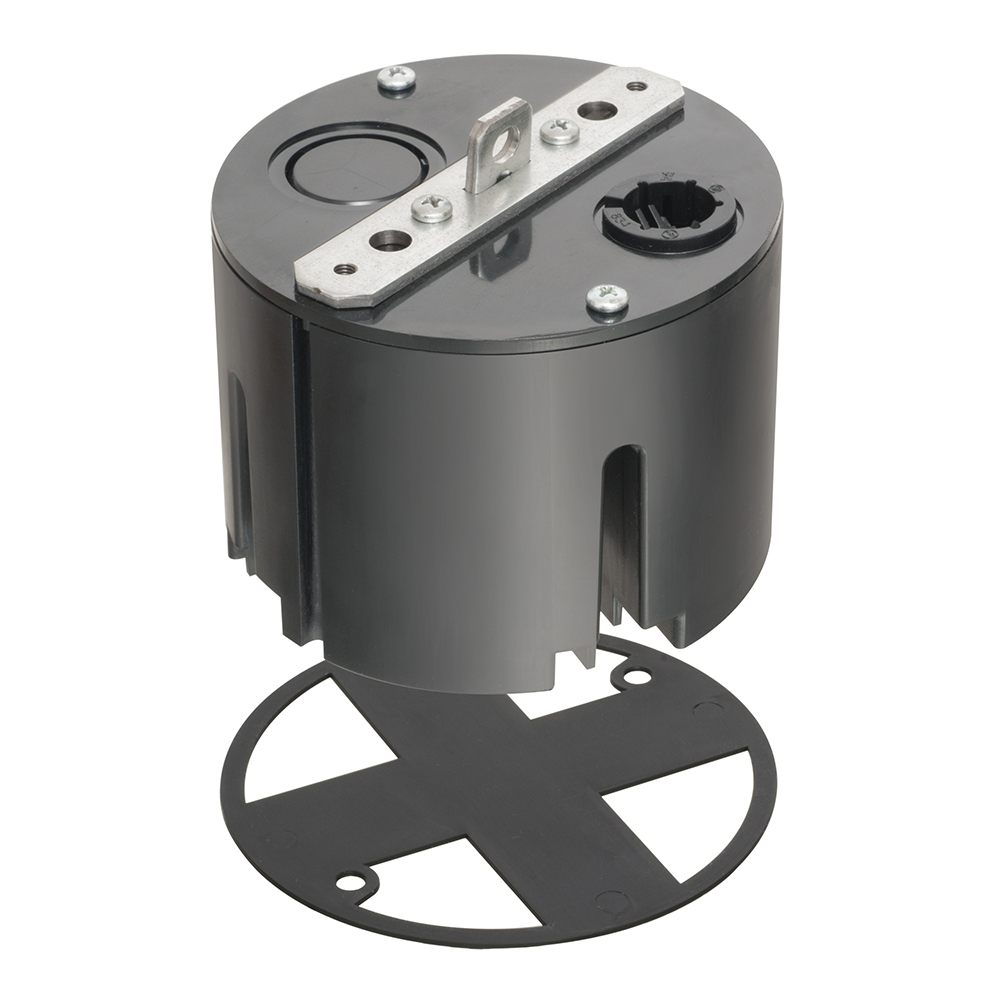 T-Box with metal hanger for fans/fixtures weighing up to 70 lbs. Includes Wire Grabber with braided drop wire support kit, installed non-metallic cable connector, (2) #10-32 x 4" screws, and grid cover.