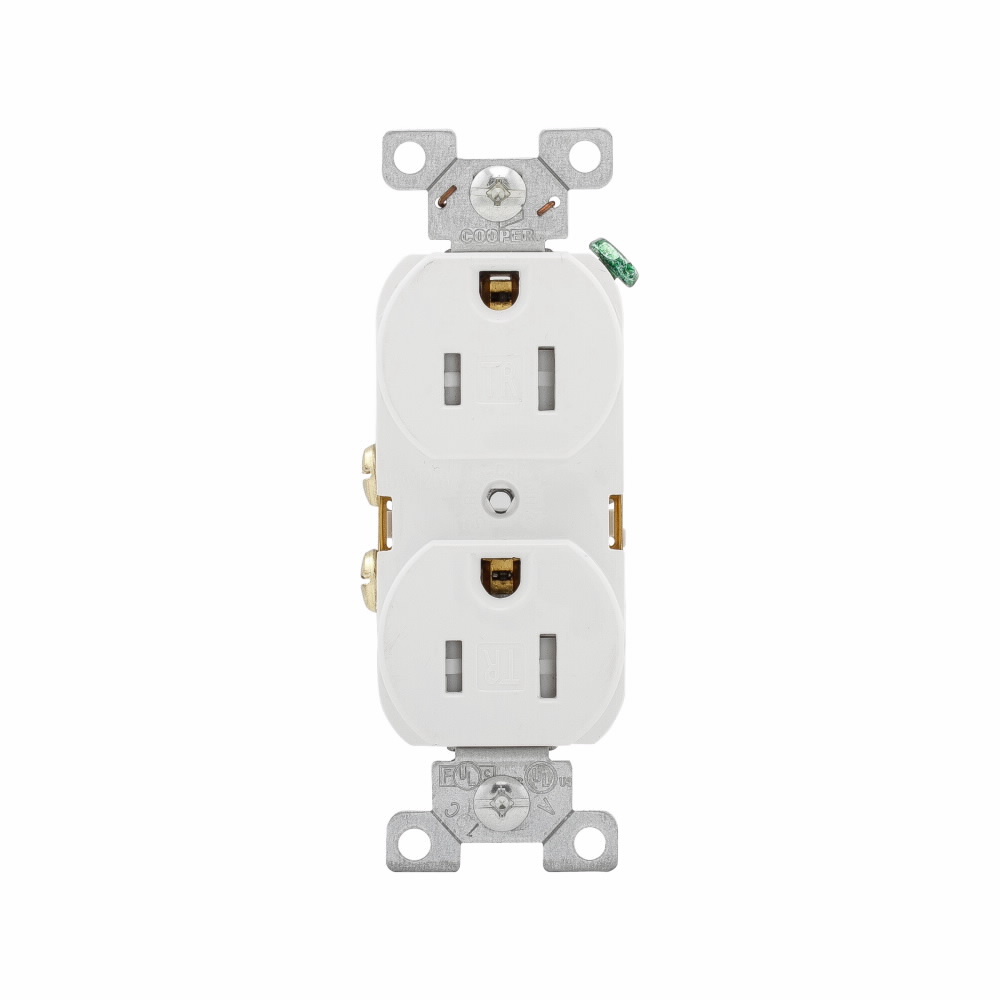 Eaton commercial specification grade duplex receptacle, #14-10 AWG, 15A, Commercial, Flush, 125V, Back and side, White, Brass, Impact-resistant nylon face, PVC body, 5-15R, Duplex, Screw, PVC, ED Box