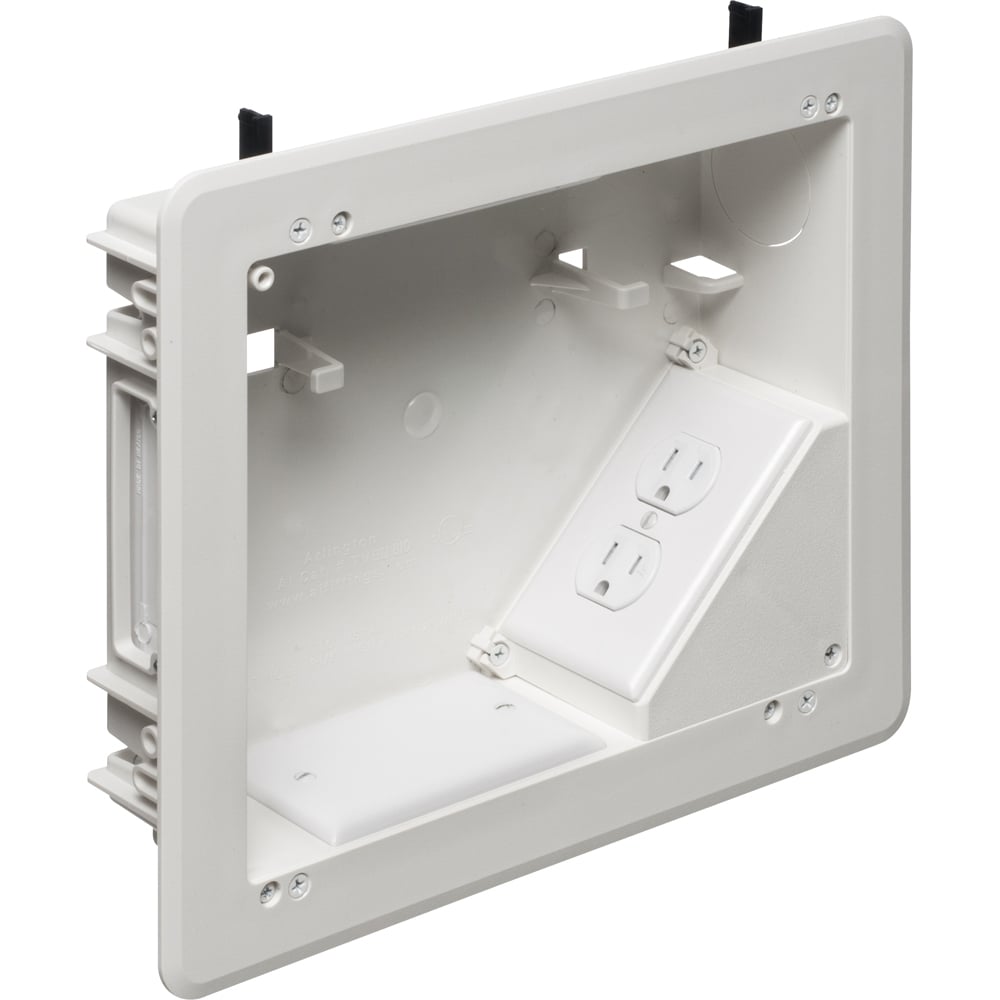 8 x 10 Plastic TV BOX BRIDGE kit. Includes line voltage box, duplex receptacle. 1-1/2" knockout, cable entry device, wire management brackets. For new and old construction.