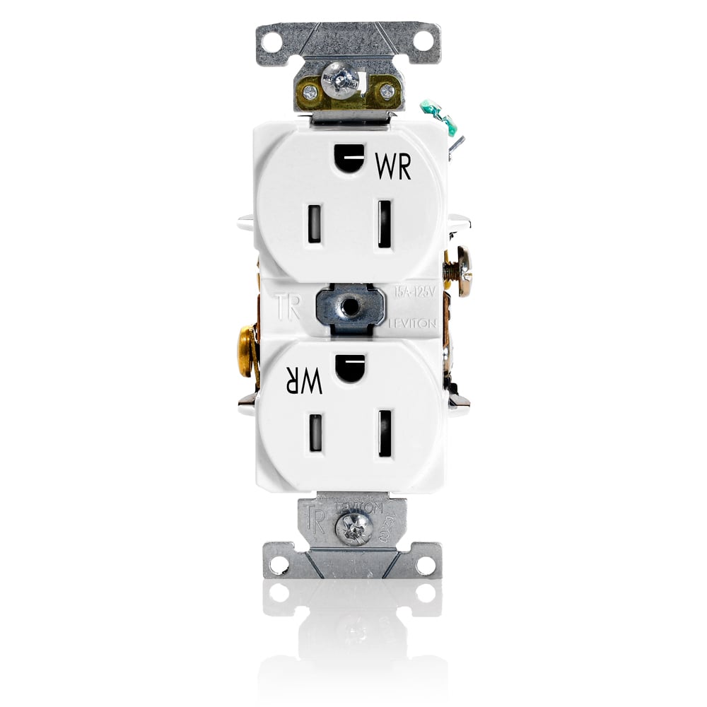 TO BE CHANGED - weather resistant receptacle, tamper resistant, duplex cof  white, side  wired, commercial spec grade, self g pkd  1/small  box,  10/large  box, 50/carton boxed.