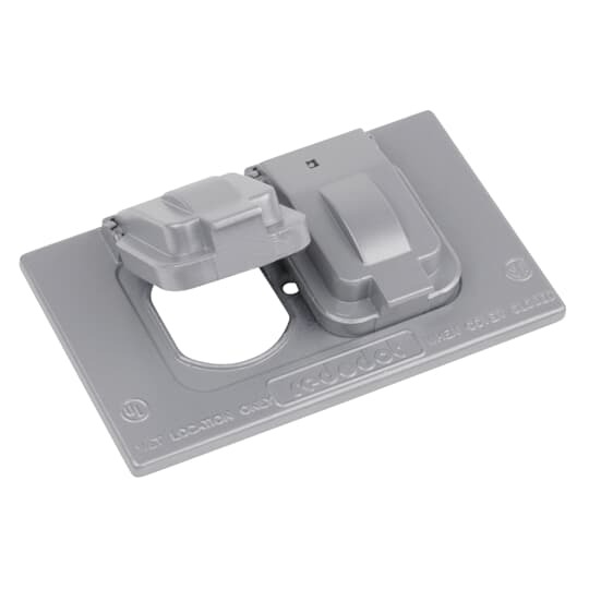 Single Gang Weatherproof Receptacle Cover, Silver, Zinc Alloy, 1 Duplex Receptacle Horizontal, Device Mount, Pack of 20