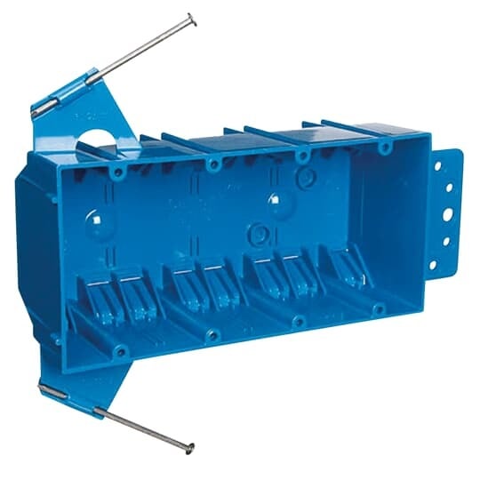 Four-Gang Nail-On New Work Outlet Box, Volume 60 Cubic Inches, Length 7-5/8 Inches, Width 3-11/16 Inches, Depth 2-1/2 Inches, Color Blue, Material PVC, Mounting Means Captive Nails and Bracket Support
