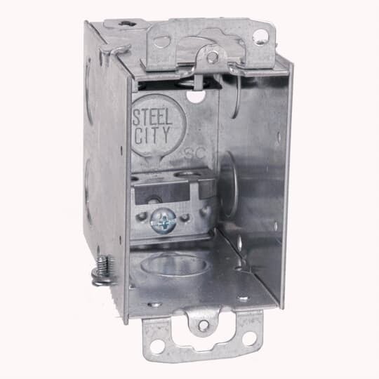 Gangable Switch Box, 18 Cubic Inches, 3 Inches Long x 2 Inches Wide x 3-1/2 Inches Deep, 1/2 Inch Knockouts, Pre-Galvanized Steel, Armored Cable Clamps (C-3) and Ears Flush, For use with Armored/Metal Clad Cable