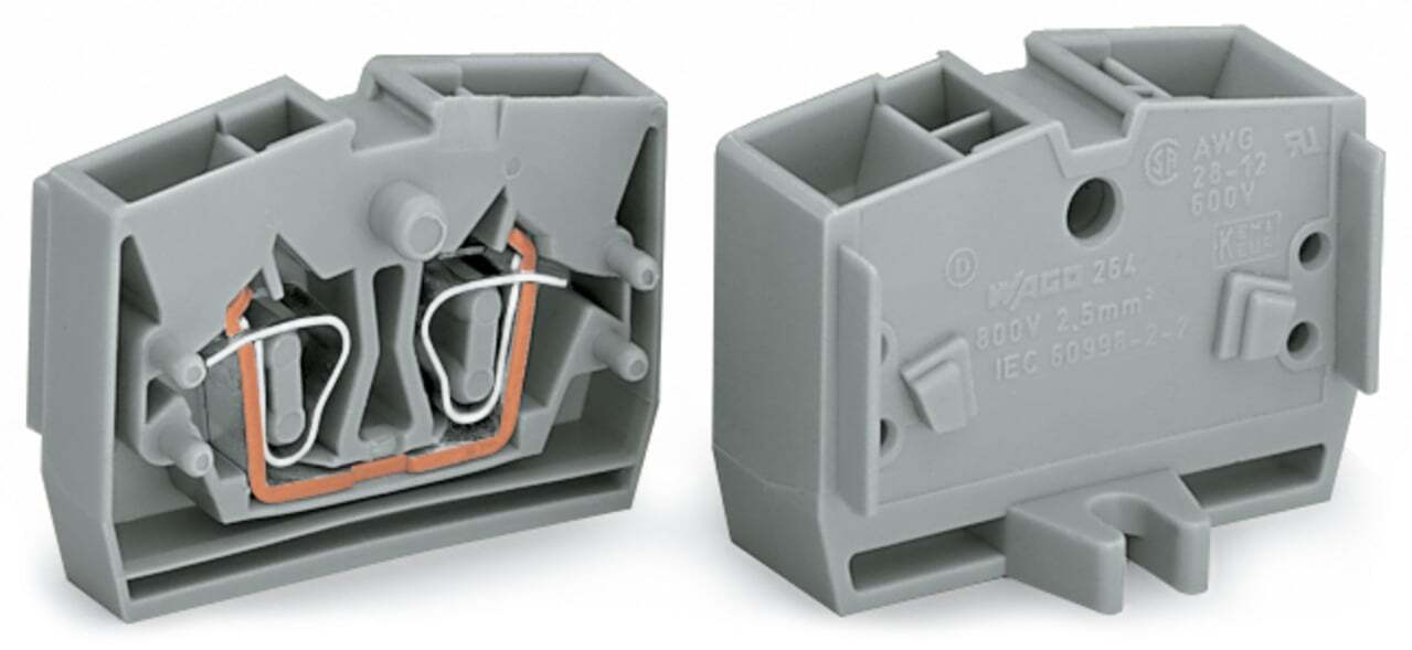 4-conductor end terminal block; without push-buttons; with fixing flange; 1-pole; for screw or similar mounting types; Fixing hole 3.2 mm ; 2.5 mm; CAGE CLAMP; 2,50 mm; gray