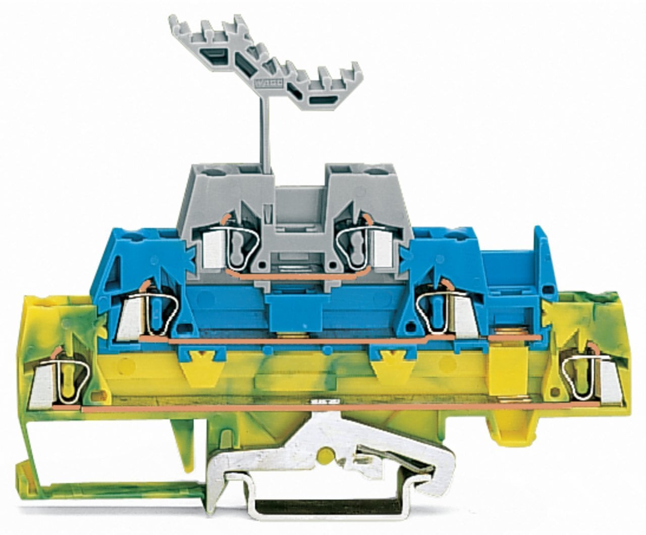 Triple-deck terminal block; Shield/through/through terminal block; 2.5 mm; with marker carrier; for DIN-rail 35 x 15 and 35 x 7.5; CAGE CLAMP; 2,50 mm; green-yellow/blue/gray
