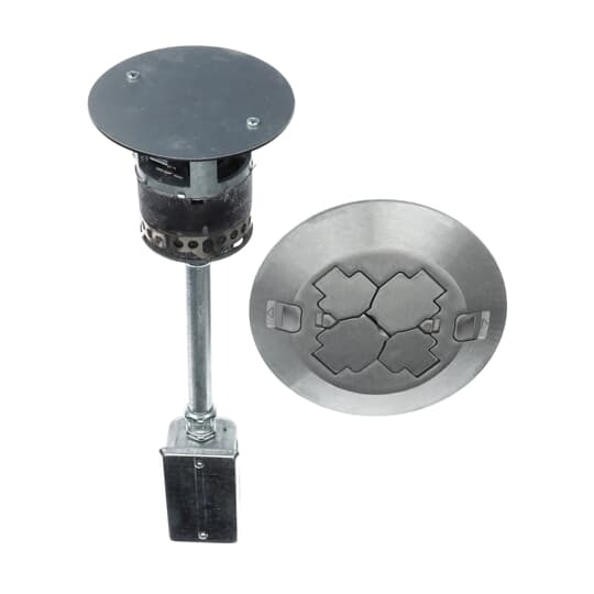 Poke-Through Base Unit, 3 Inch Drill Size, 16-1/4 Inch Length, 1/2 Inch and 3/4 Inch Knockouts, Galvanized Steel, with 1 20A Duplex Receptacle and 2 Data Jacks and Brushed Aluminum Cover with 7-1/2 Inch Diameter