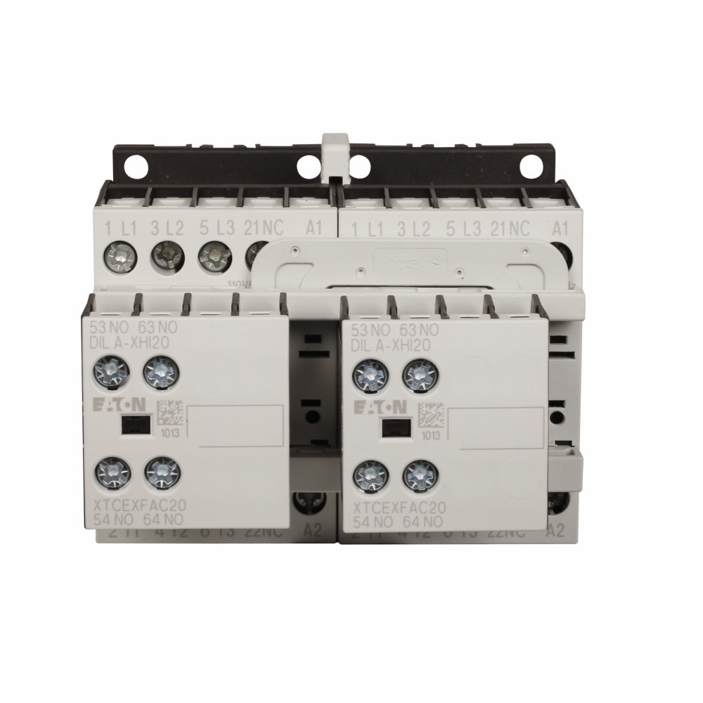 Eaton XT IEC contactor, 32A, 24-27 Vdc, 2NO-2NO, 32A, Frame C, 45 mm, 3,  5/ 10,  10,  20,  25 hp (1/3PH @115, 230/200, 230, 460, 575 V), Three-pole, Reversing, XT IEC series, Screw terminals, Full voltage reversing contactor