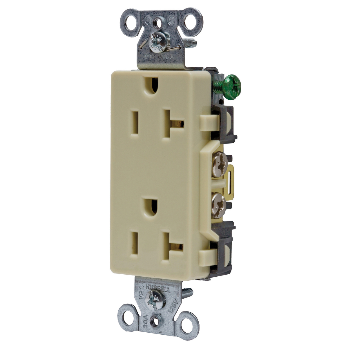 Straight Blade Devices, Receptacles, Duplex, Decorator/Commercial/Industrial Grade, 2-Pole 3-Wire Grounding, 20A 125V, 5-20R, Ivory, Single Pack.