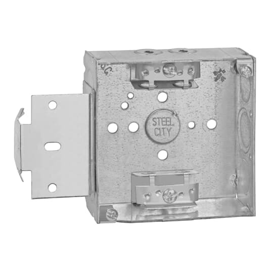 Square Box, 21 Cubic Inches, 4 Inch Square x 1-1/2 Inch Deep, 1/2 Inch and 3/4 Inch Eccentric Knockouts, Pre-Galvanized Steel, MS Bracket and Armored Cable Clamp (C-3), For Use with Armored/Metal Clad Cable