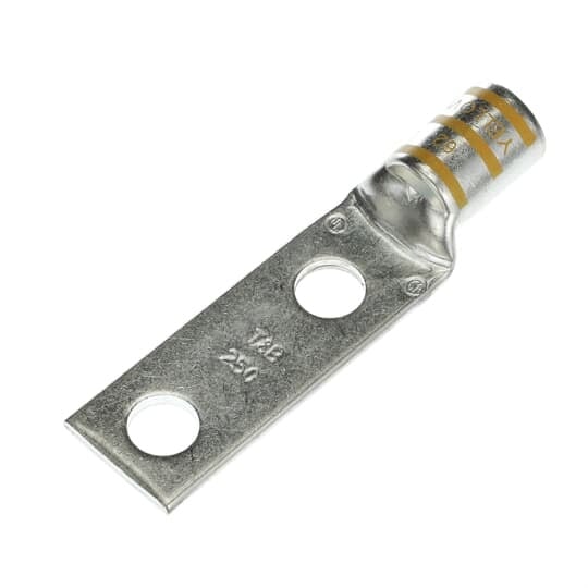 Copper Two-Hole Lug, Standard Barrel, Peep Hole, Max 35kV, Wire Size 250 kcmil, 1/2 Inch Bolt Size 1-3/4 Inch Hole Spacing, Tin Plated, Die Code 62, Die Color Code Yellow