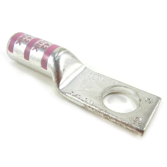 Copper One-Hole Lug, Long Barrel, Blind End, Max 35kV, Wire Size 1/0 AWG, 1/2 Inch Bolt Size, Tin Plated, Die Code 42, Die Color Code Pink