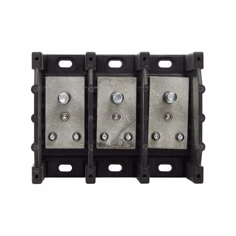Eaton Bussmann series power terminal block, 600 Vac, 600 Vdc, 310A, Three-pole, 3/8 In-16 TPI X 1-7/16 In Stud (Line), (2) 1/4 In-20 TPI X 9/16 In Stud (Load), SCCR: 10 kA, Black, Molded Thermoplastic Base, Tin-plated aluminum connector