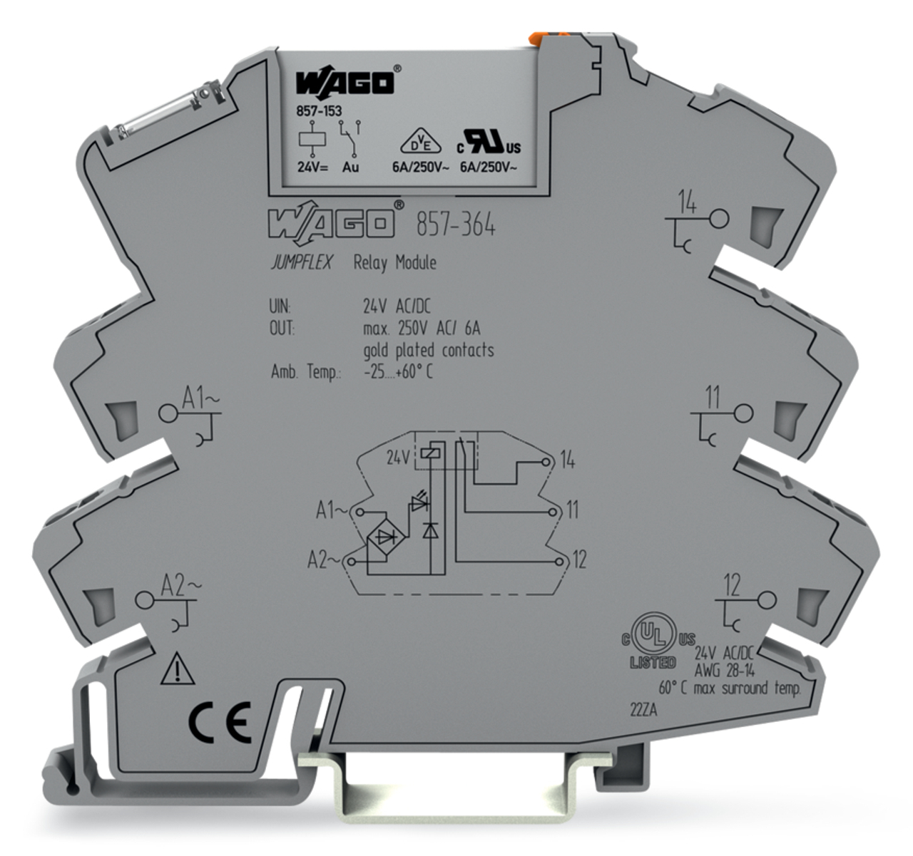 Relay module; Nominal input voltage: 24 V AC/DC; 1 changeover contact; Limiting continuous current: 6 A; with gold contacts; Yellow status indicator; Module width: 6 mm