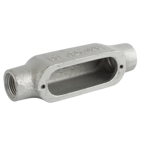 Series 35 Thru-Feed, 1/2 Inch Conduit Body, Body Material Malleable Iron, Finish Zinc Plating with an Aluminum, Acrylic Coating for Use with Rigid/IMC Conduit