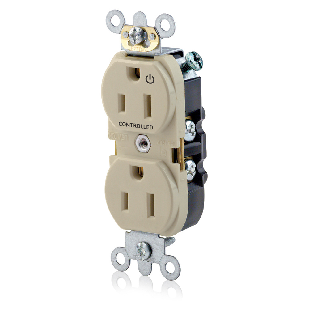 Duplex Receptacle Narrow Body Design. 2-pole 3-wire. Nema 5-15R. 15A-125V. Flat Face. Back And Sidewired. Industrial Spec Grade, Self Grounding Hot Terminal Split W/1 Plug Controlled Markings - Ivory