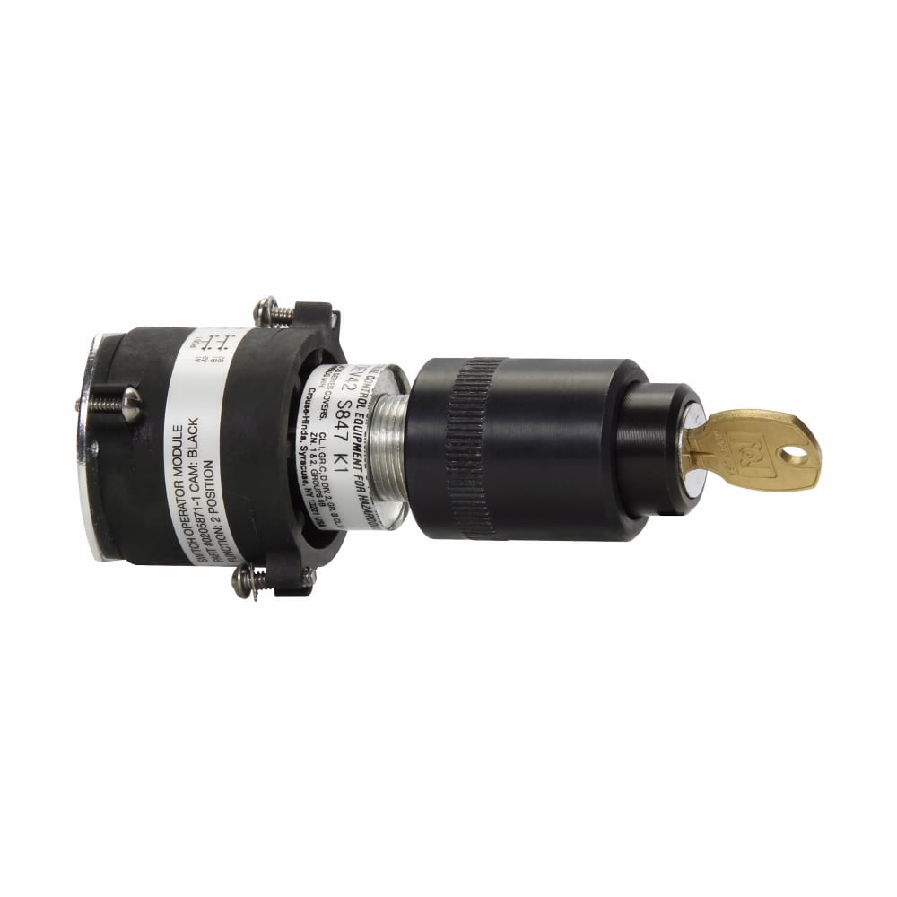 Eaton Crouse-Hinds series FlexStation DEV selector switch operator, Type 6/6 nylon, 1 or 2 contact blocks, 600 Vac, Key operated - removable from all positions, 2-position