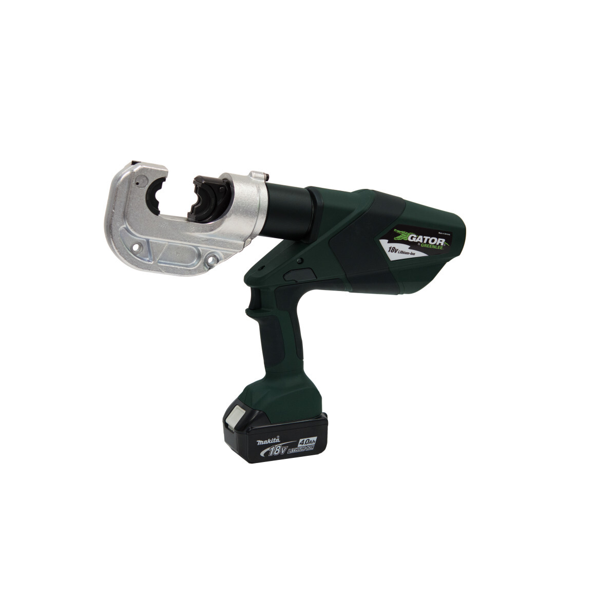 Gator 12-Ton Battery-Powered Crimping Tool 1.2" (30 mm) opening with 120V charger.  Equipped with Bluetooth Communication enabled via the Greenlee Gator Eye app.  Intelligent Crimping System Technology includes a pressure sensor that monitors the crimping force of each crimp and provides the operator a visual and audible alert if the force is below specifications.  State of the art 18V lithium ion (Li-ion) battery provides 70 percent more cycles per charge and faster cycle times.  Automatic Retraction Stop (ARS) which retracts the ram just enough to get ready for the next cycle saving time and energy.  LED light provides the operator with the battery charge and tool maintenance status.  Two-stage hydraulic system provides fast advance and power speeds, saving time.  Forward handle position improves tool balance.  One trigger controls all tool functions.  Crimping head rotates 350.  Tools automatically retract when the crimping cycle is complete.  Overmolded tacky grip areas make gripping the tool easier and more comfortable.  LED work light illuminates dark work areas.  Greenlee battery-powered crimping tools now use bio-degradable oil.  Smart chargers control the charging current, charging voltage and battery temperature to maximize battery life.  EK1240L with 1.65 IN (42mm) opening uses Greenlee KC12, KA12 & KD12 crimping dies plus all industry U style crimping dies.  U.S. Patents #6,206,663 and #6,065,326.