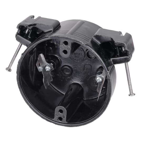 Round Ceiling/Fixture Outlet Box, Volume 21.5 Cubic Inches, Diameter 4-1/16 Inches, Depth 2-3/8 Inches, Color Brown, Material Phenolic, Mounting Means Steel Stud Screw