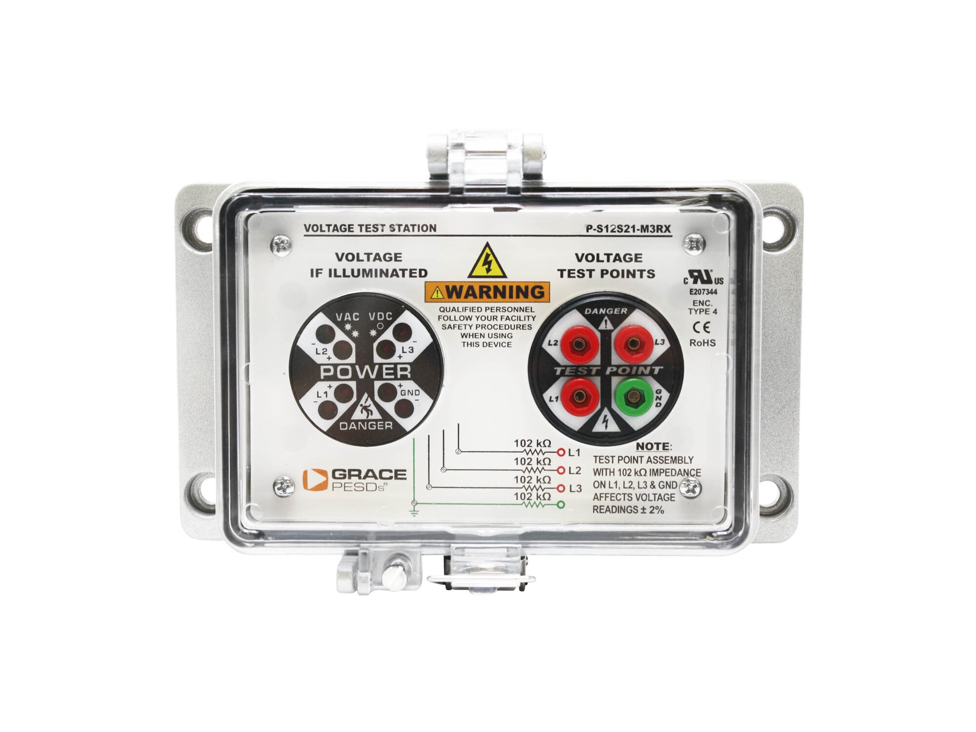 VOLTAGE TEST STATION WITH NON-FLASHING VOLTAGE INDICATOR AND SAFE-TEST POINT, HORIZONTAL MOUNT, UL TYPE 4 HOUSING